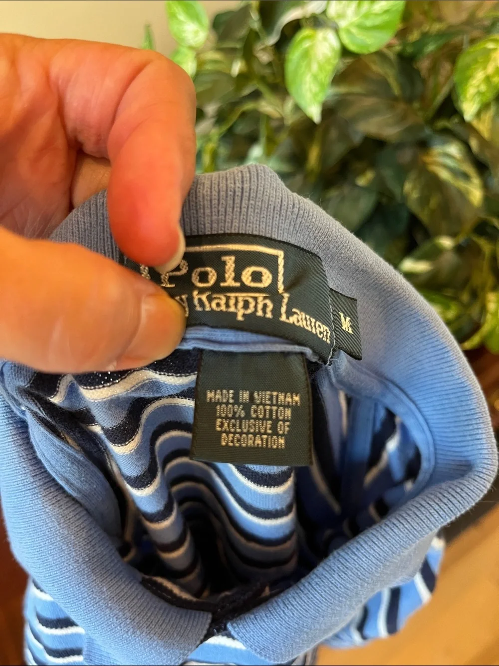 Ralph Lauren Blue with Black and White Striped Polo with Yellow Pony